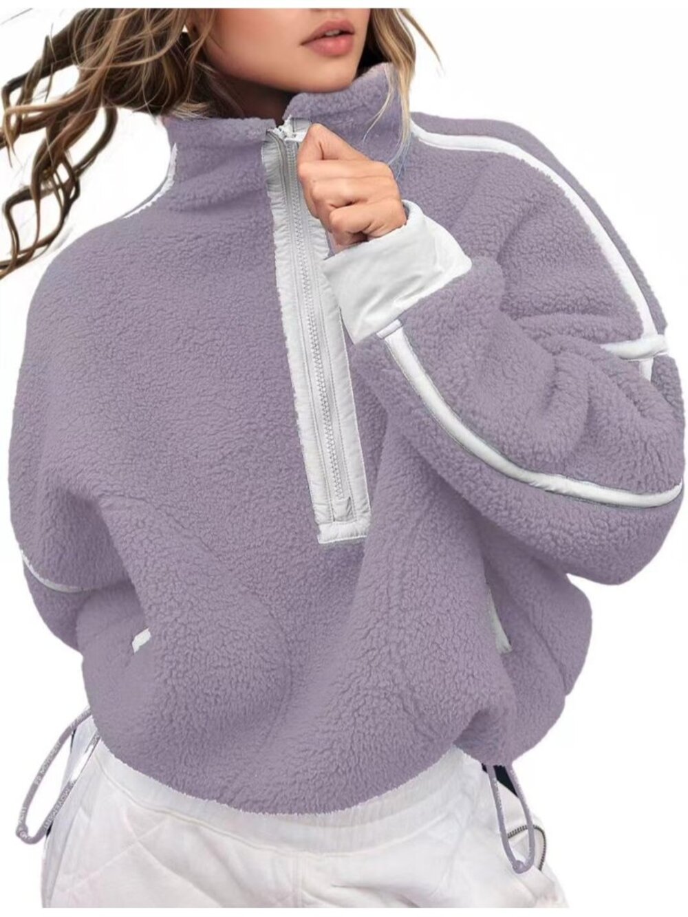 Women’s Purple Fleece Half ZIP Cropped Pullover Pocket Oversized Sweatshirt